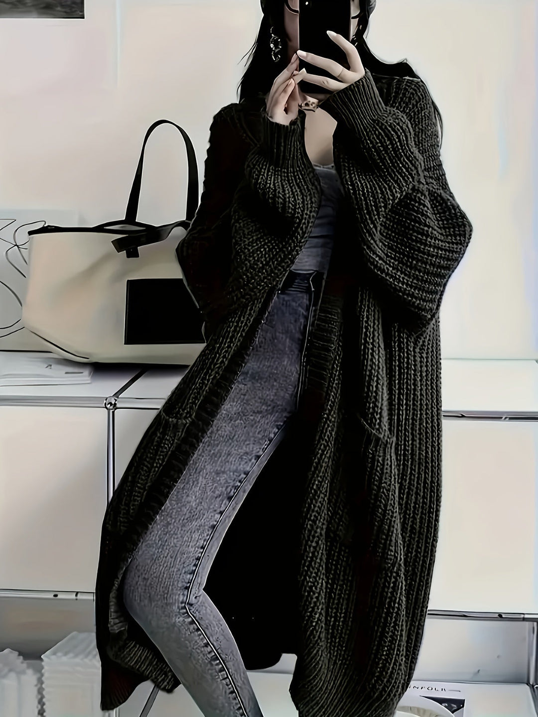 Ludivine - Comodo Cardigan Lungo in Maglia Con Apertura Frontale E Tasche