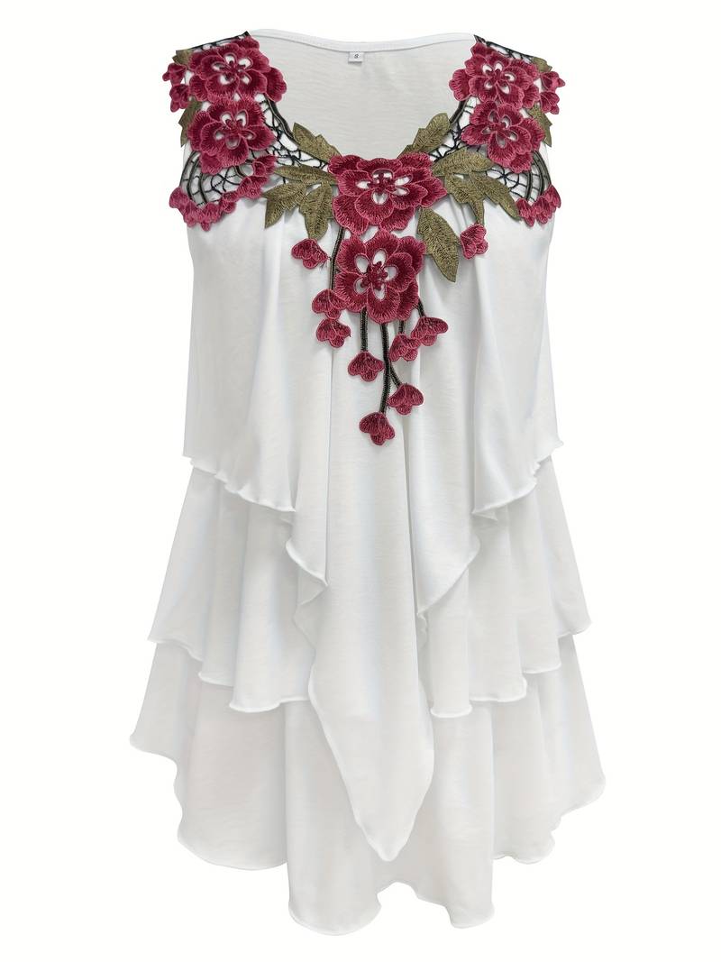 Verunka - Camicetta Estiva Con Scollo a V Pizzo Solubile Patchwork E Volant