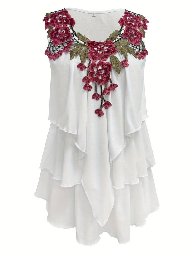 Verunka - Camicetta Estiva Con Scollo a V Pizzo Solubile Patchwork E Volant