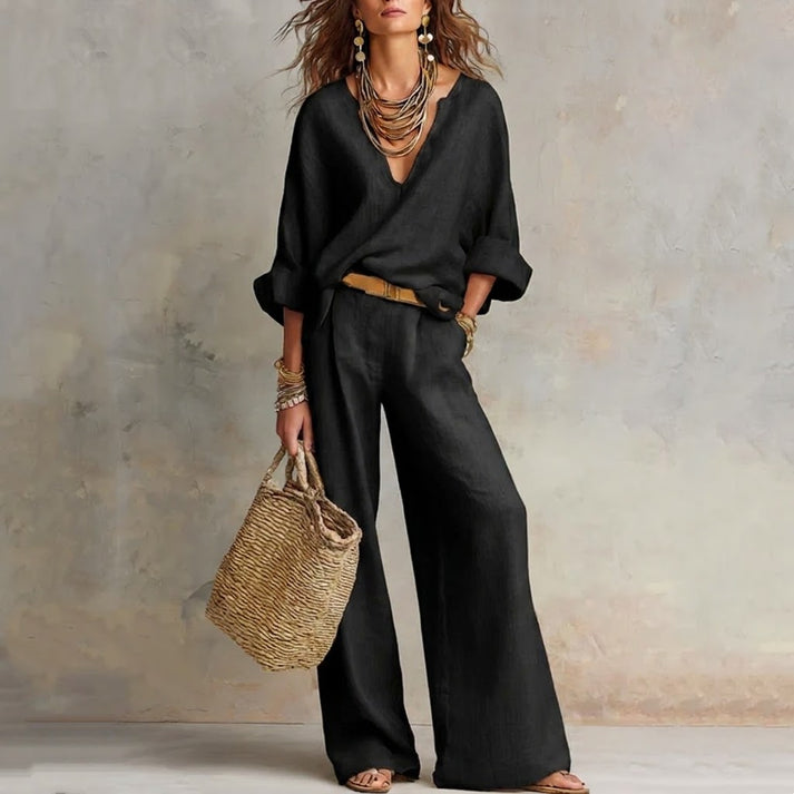 Ilaina - Set Composto Da Top Von Scollo a V e Pantaloni a Gamba Larga