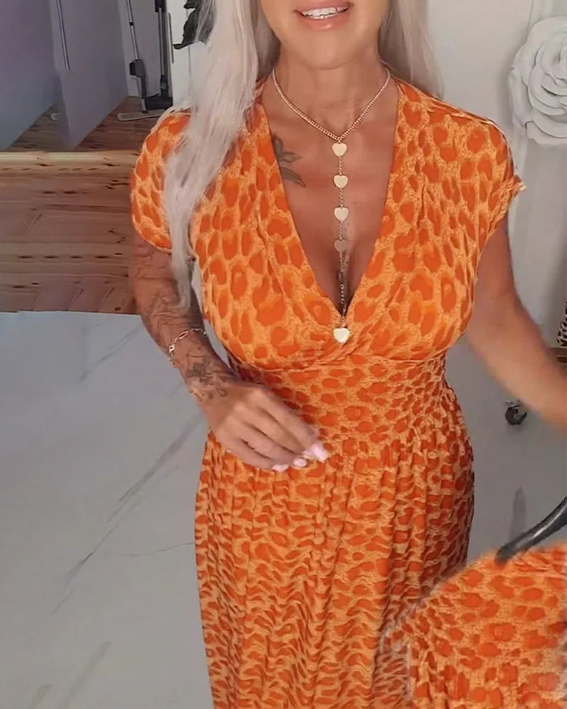 Erendira - Elegante Abito Con Scollo a V e Stampa Leopardata