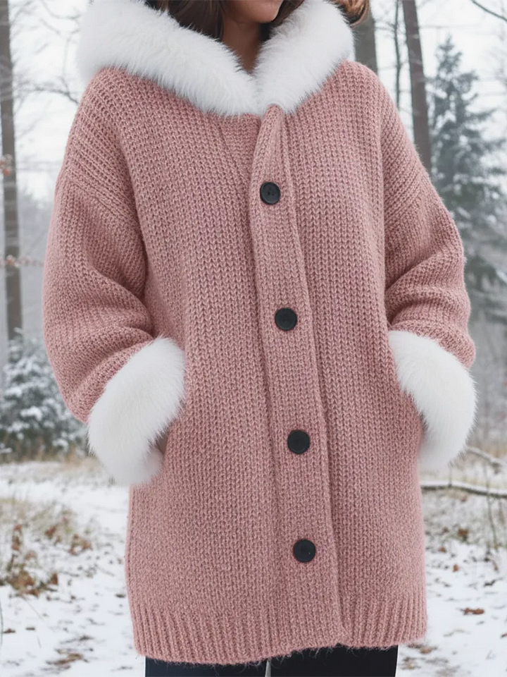 Nodia - Cappotto Con Cappuccio In Maglia Con Bordi In Pelliccia Sintetica