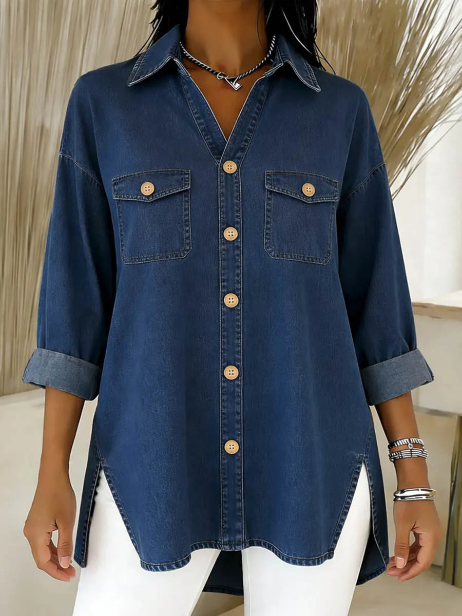 Durcia - Camicia in Denim a Maniche Lunghe Con Revers