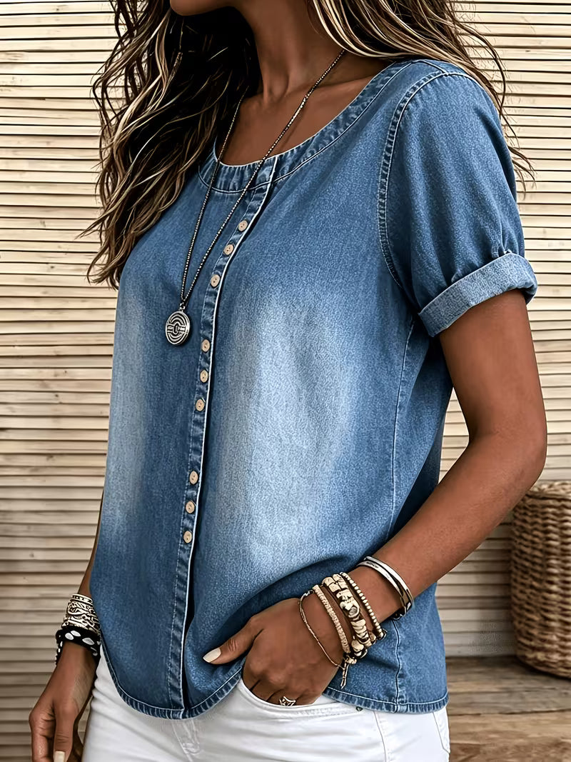 Ferina - Top in Denim a Maniche Corte Effetto Consumato