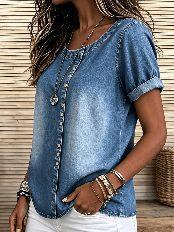 Ferina - Top in Denim a Maniche Corte Effetto Consumato