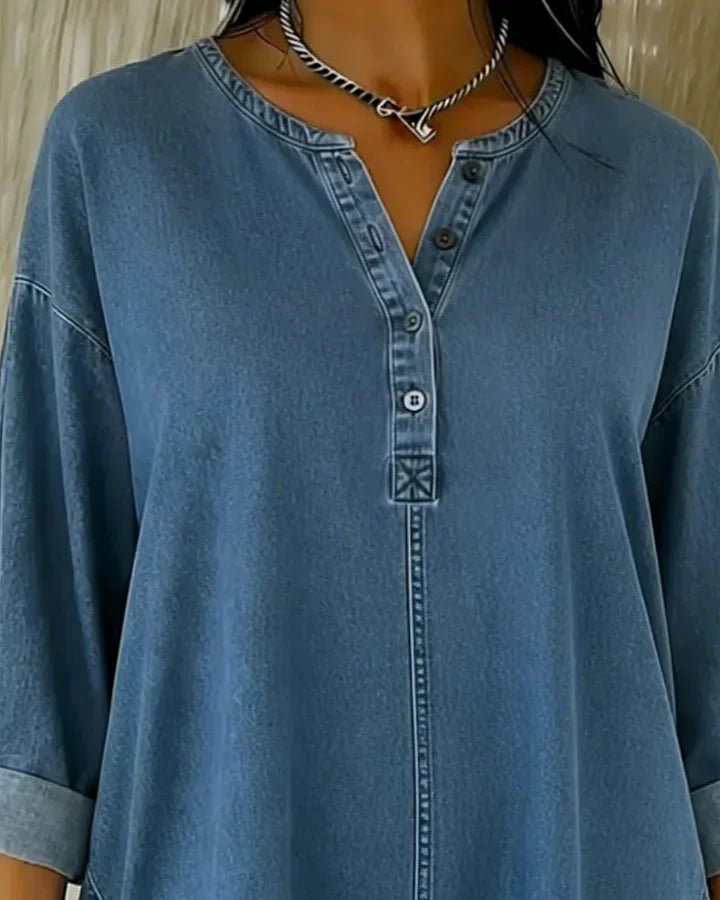 Yenara - Top in Denim con Bottoni e Scollo a V