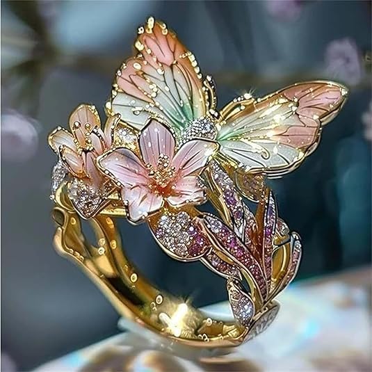 PetalWings - Anello con Farfalla Scintillante Naturale e Zirconi