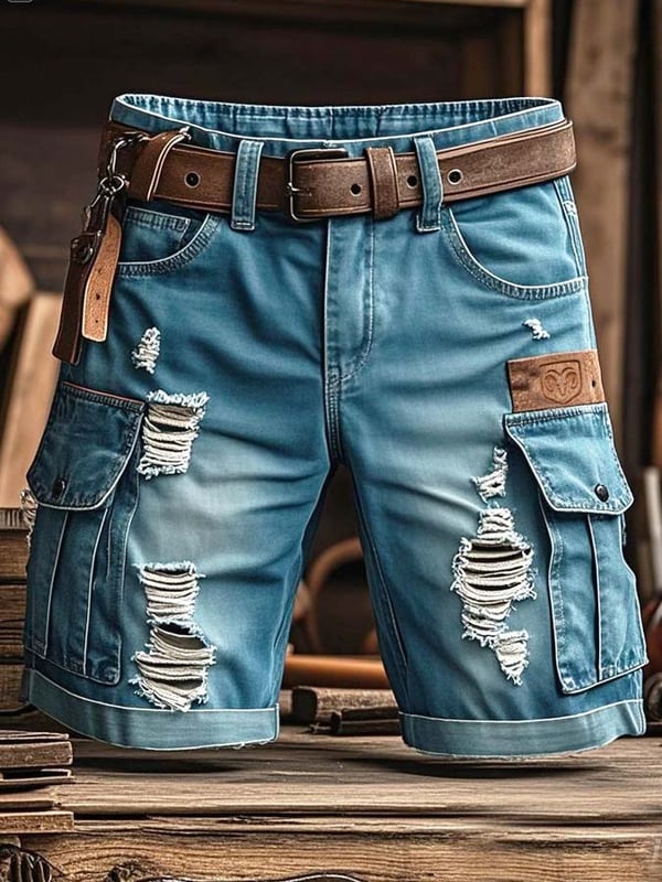 Pantaloncini Funzionali Vintage da Uomo in Denim Strappato