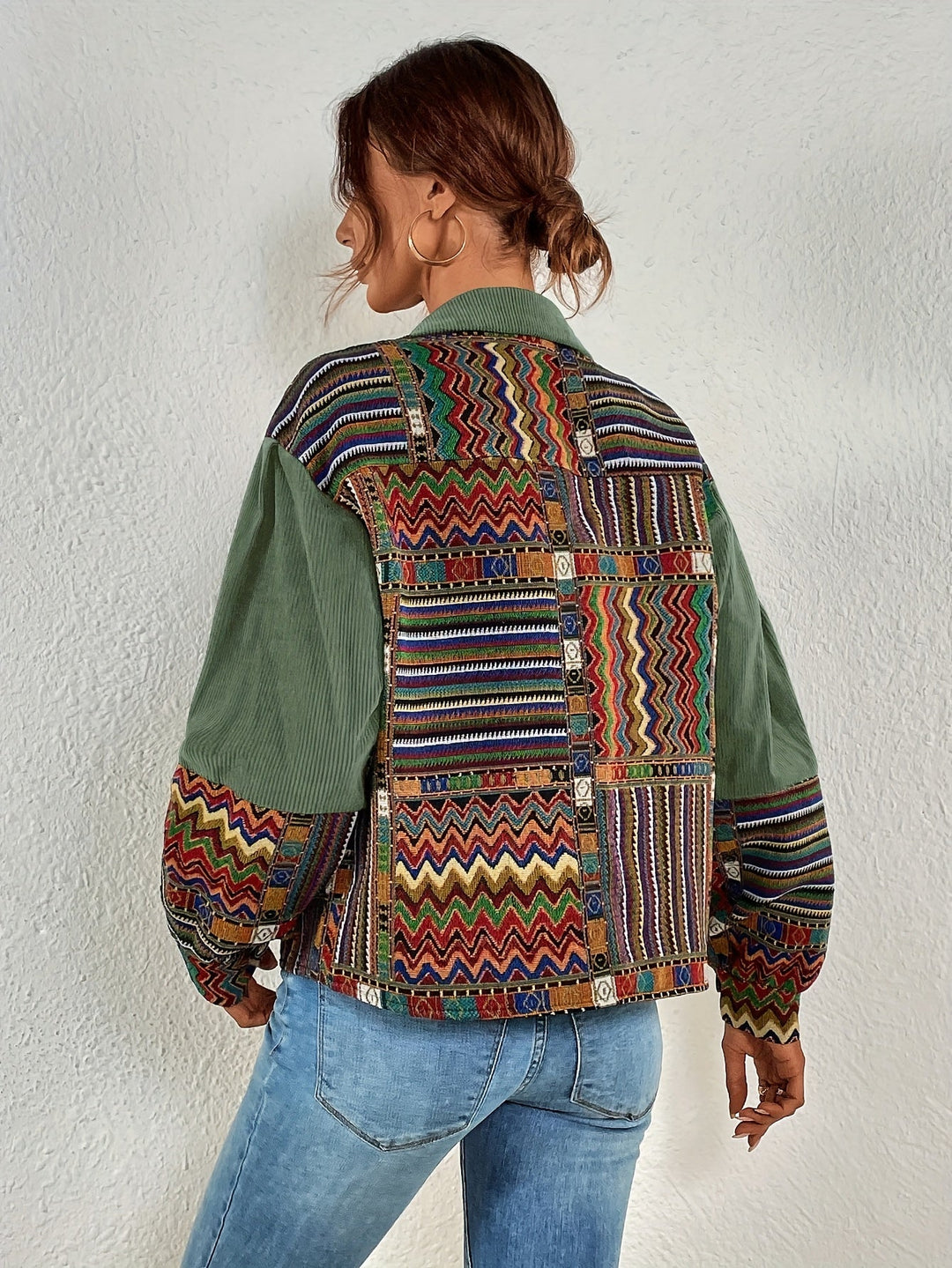 Amelina - Giacca in Velluto a Coste Con Bottoni in Stile Boho Patchwork