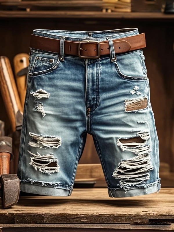 Pantaloncini Funzionali Vintage da Uomo in Denim Strappato
