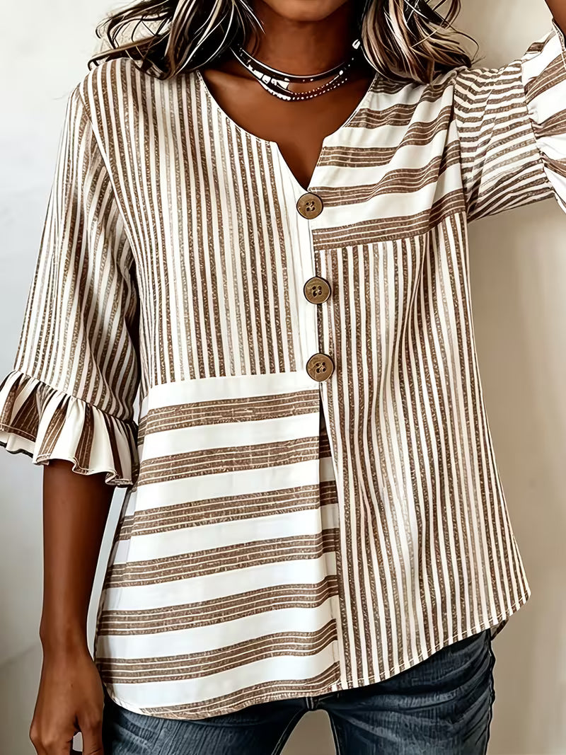 Avyra - Top a Righe Con Maniche a Volant E Bottoni in Stile Patchwork