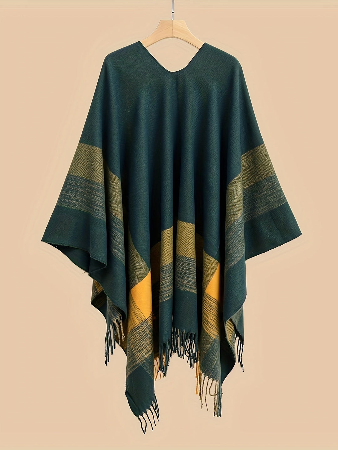 Kyrine - Geometric Pattern Fringed Poncho Shawl Wrap