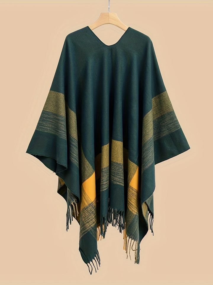 Kyrine - Geometric Pattern Fringed Poncho Shawl Wrap