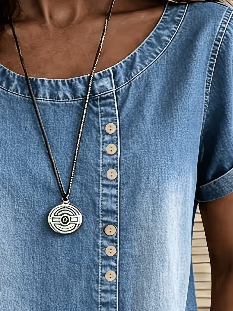 Ferina - Top in Denim a Maniche Corte Effetto Consumato