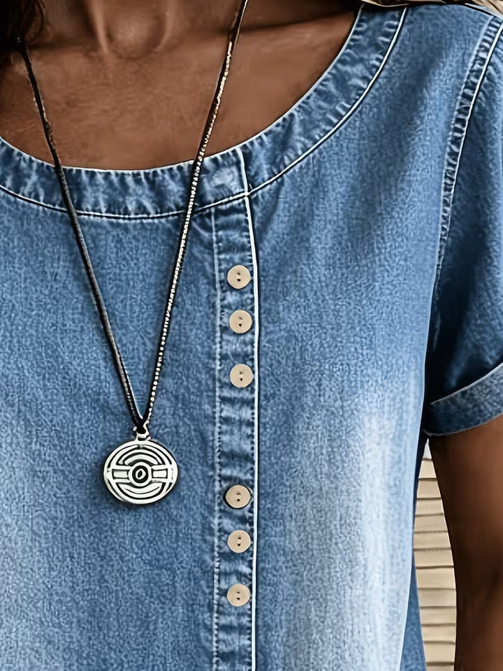 Ferina - Top in Denim a Maniche Corte Effetto Consumato