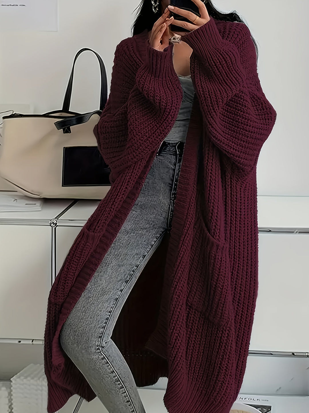 Ludivine - Comodo Cardigan Lungo in Maglia Con Apertura Frontale E Tasche