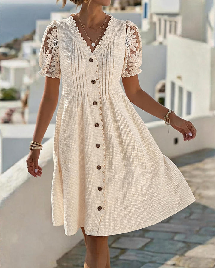 Deneke - Abito Con Maniche a Palloncino in Patchwork di Pizzo con Motivo a Girasoli