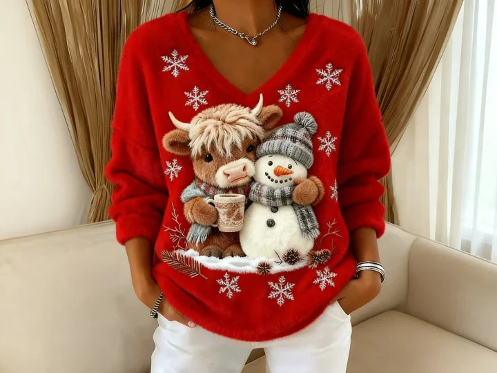 Malin - Maglione Con Scollo a V Stampato a Maniche Lunghe