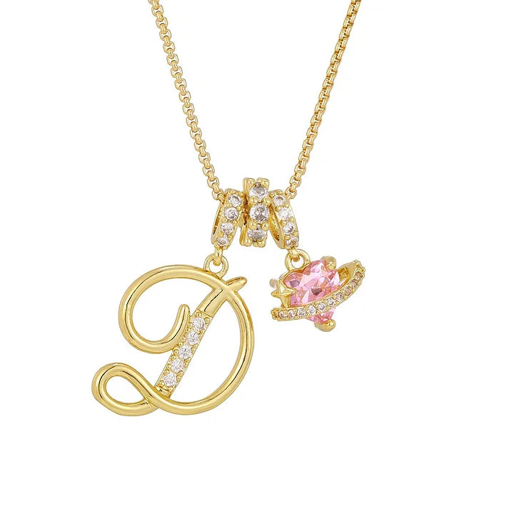 Nerute - Collana Con Iniziale e Ciondolo a Forma di Cuore Rosa