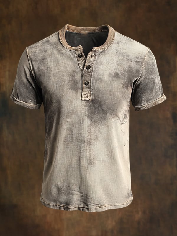 Maglietta Casual Da Uomo Con Collo Henley Maniche Corte e Stile Retrò Classico