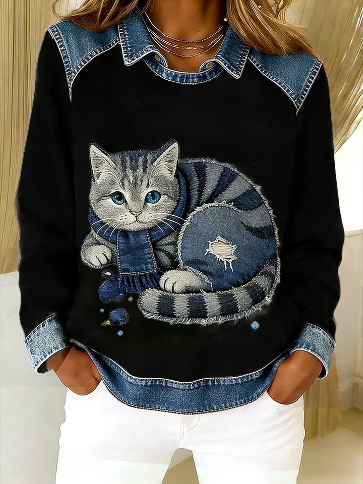 Eponin - Felpa patchwork in Denim Retrò Con Gatto
