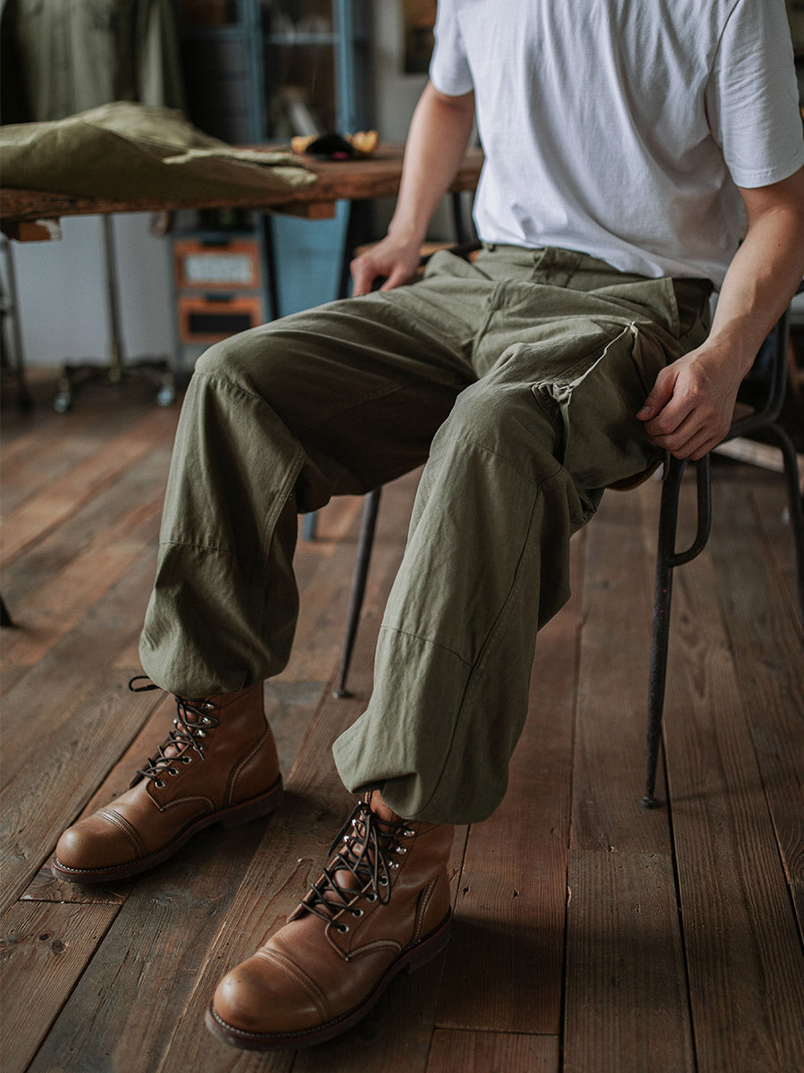 Ibrahim - Pantaloni Militari M-47 In Twill a Spina Di Pesce