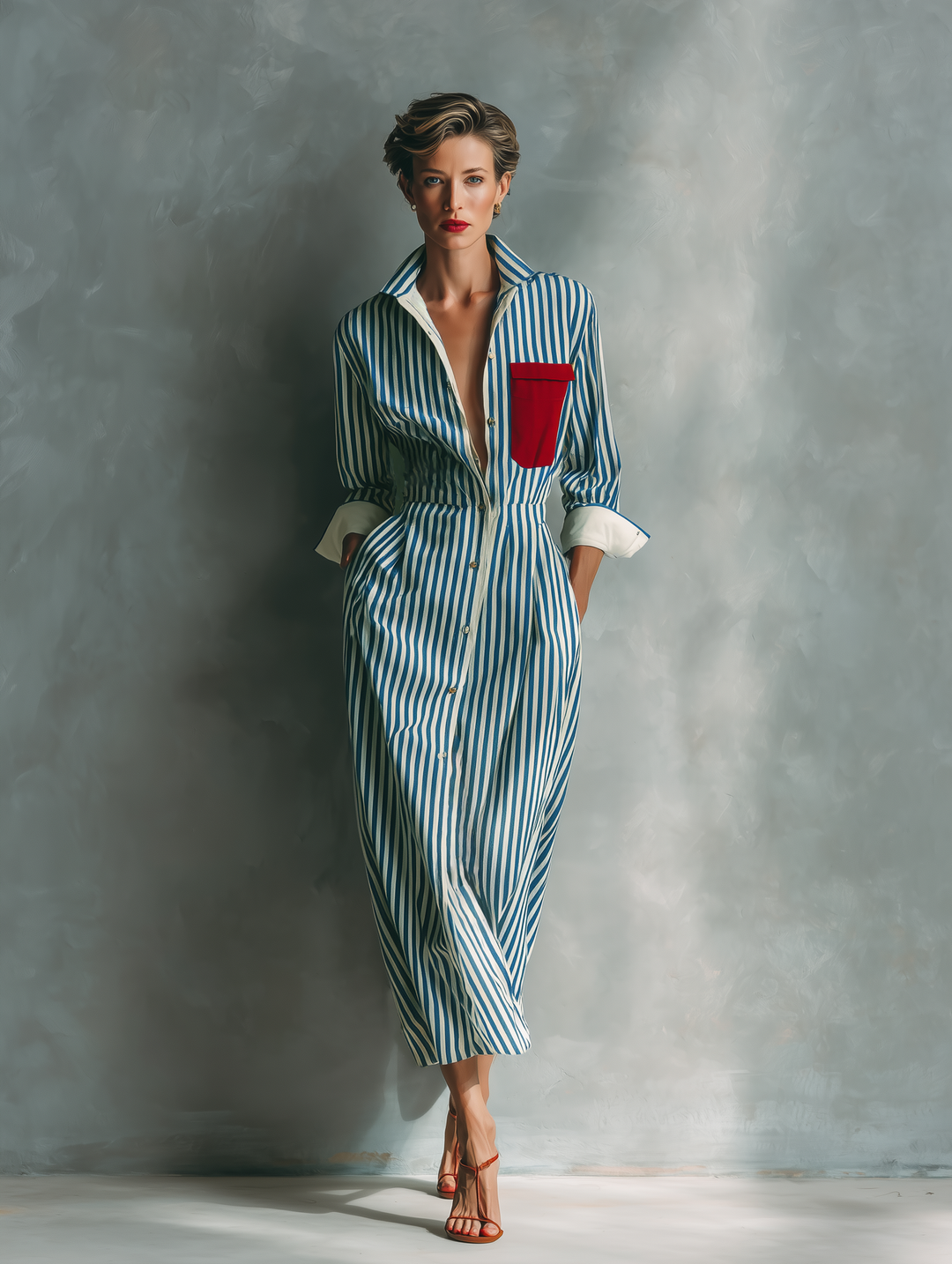 Makeda - Abito a Camicia a Righe Con Tasca Sul Petto