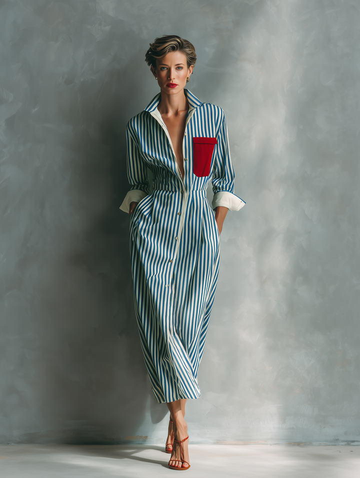 Makeda - Abito a Camicia a Righe Con Tasca Sul Petto