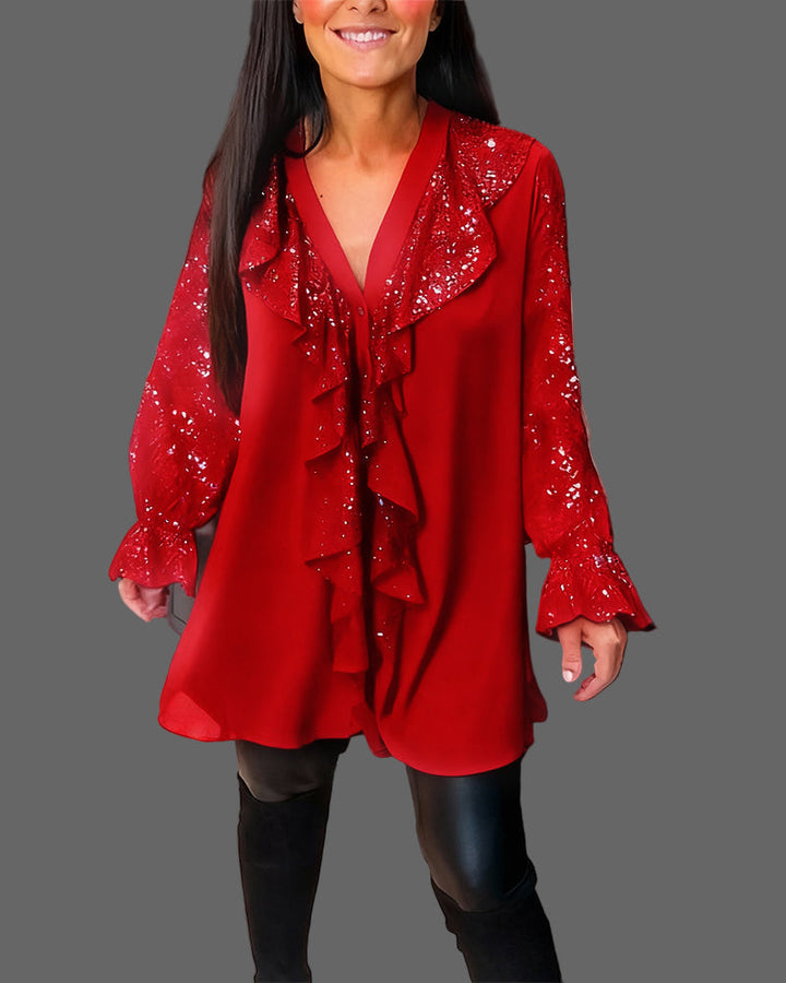 Moxie - Camicetta con Volant e Paillettes Scintillanti con Scollo a V