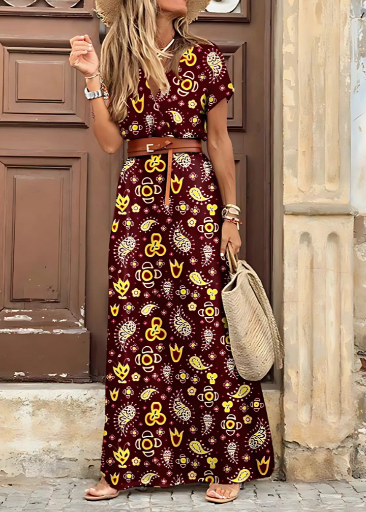 Briony - Elegante Abito Lungo Con Stampa Paisley E Cintura