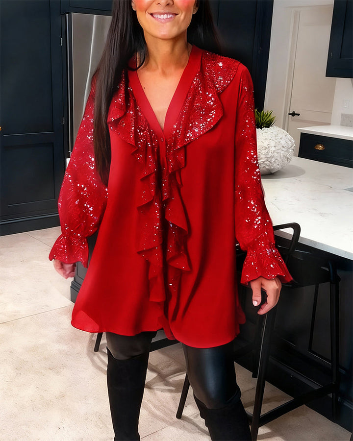 Alexiss - Camicetta Con Scollo A V E Volant Scintillanti