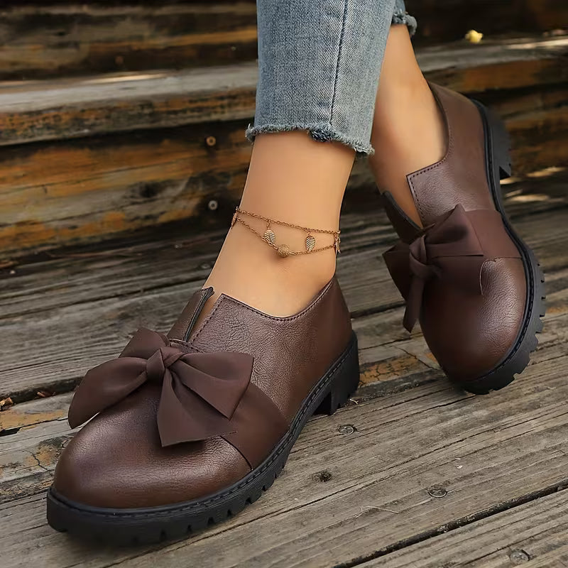 Nargiza - Elegant Bow Accent Round Toe Chunky Sole Loafers