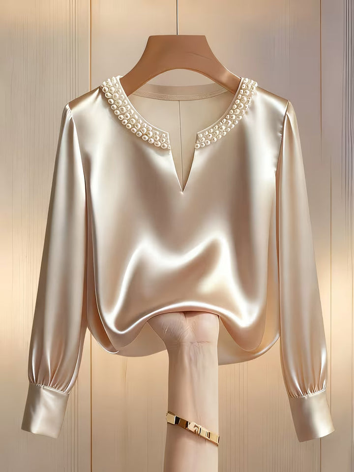Avinaya - Elegante Camicia a Maniche Lunghe Con Collo Rotondo e Perle