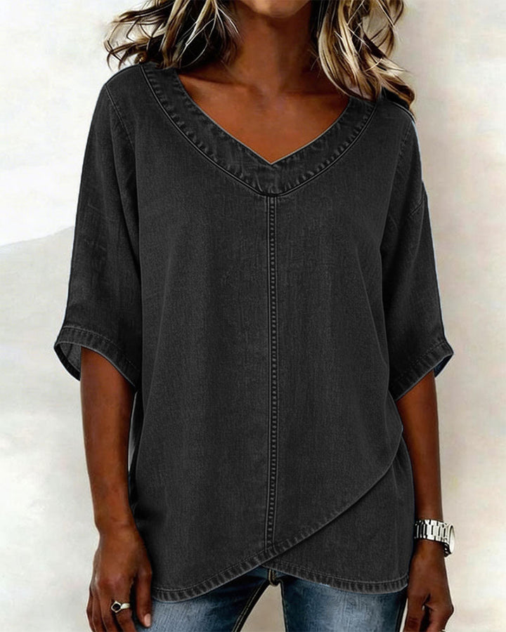 Laritza - Top Casual in Denim Con Scollo a V