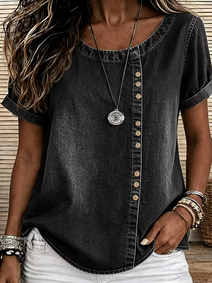 Ferina - Top in Denim a Maniche Corte Effetto Consumato