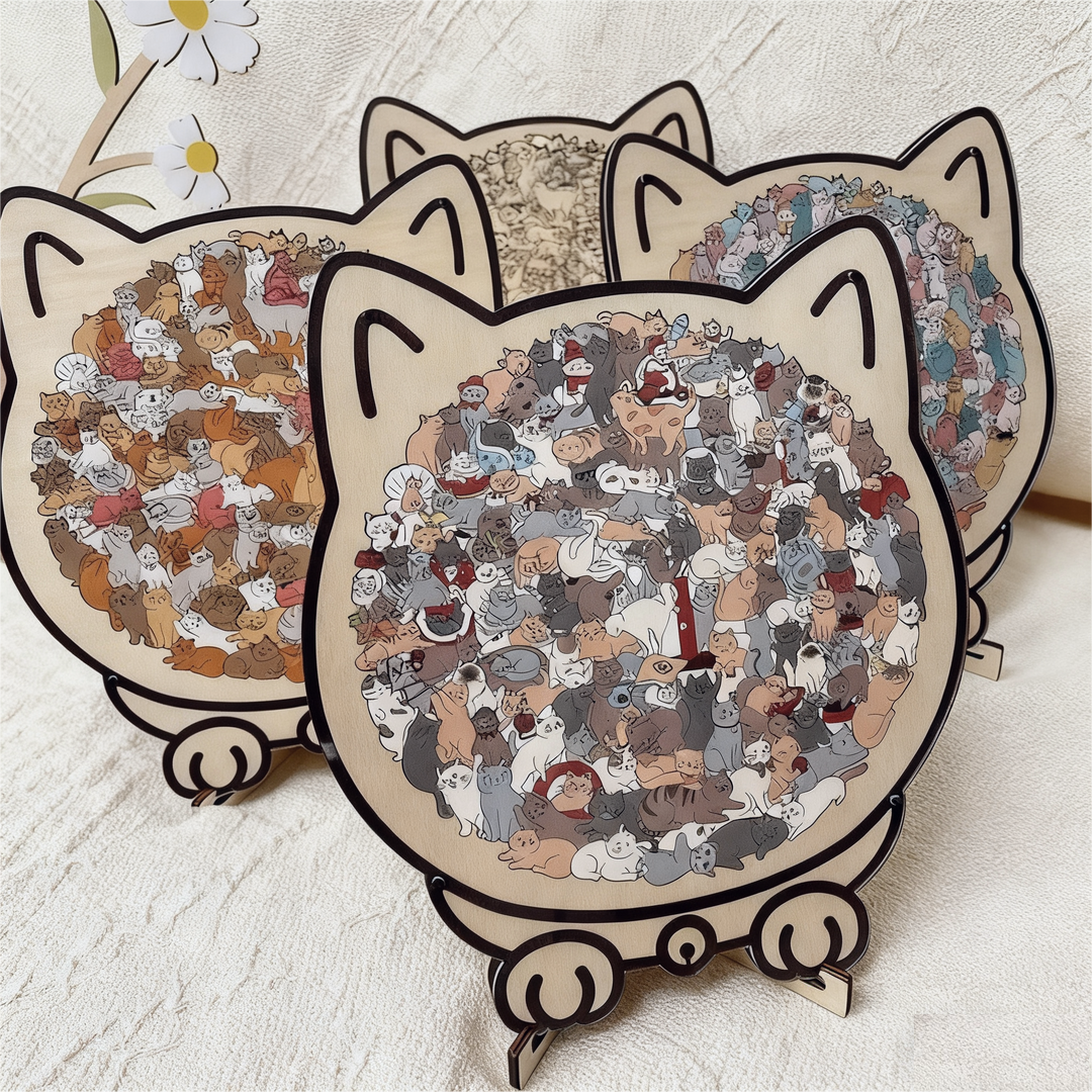 KittyCluster - Puzzle In Legno a Forma Di Gatto Da 135 Pezzi