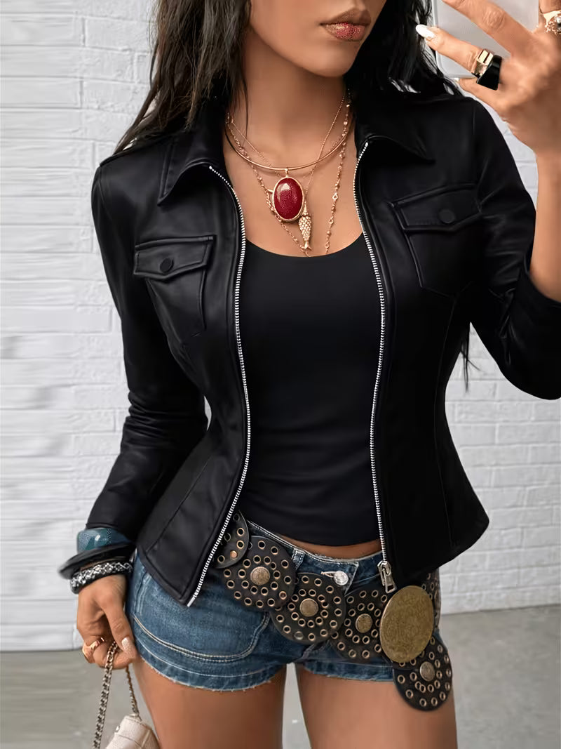 Shiona - Giacca in Pelle Con Tasche Anteriori