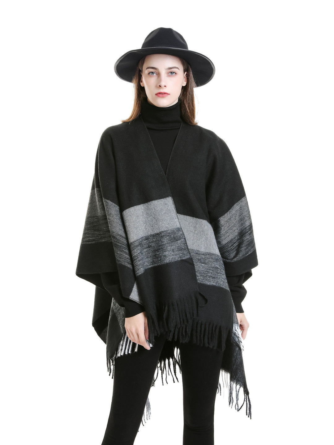 Kyrine - Geometric Pattern Fringed Poncho Shawl Wrap