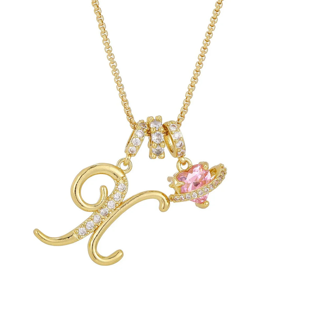 Nerute - Collana Con Iniziale e Ciondolo a Forma di Cuore Rosa