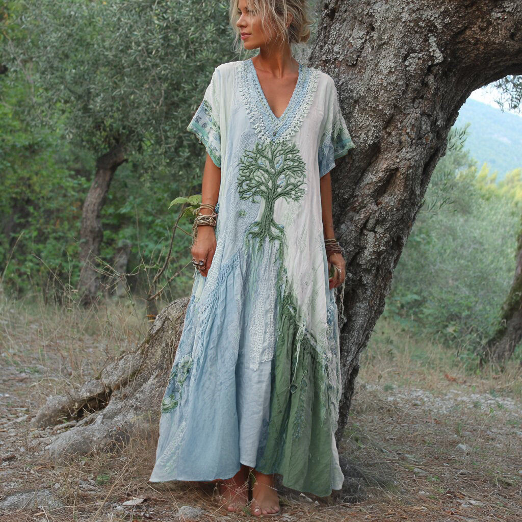 Winifred - Abito a Maniche Corte Con Motivo Alberi Retrò