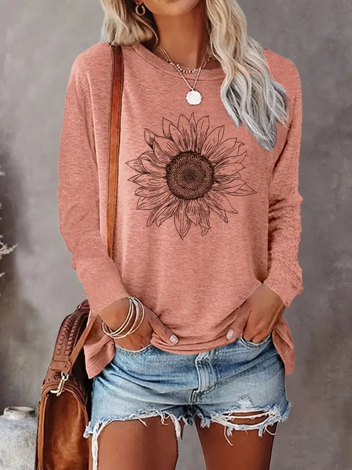 Levine - Elegante Top a Tunica Con Maniche Lunghe e Stampa Girasole