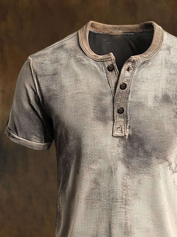 Maglietta Casual Da Uomo Con Collo Henley Maniche Corte e Stile Retrò Classico