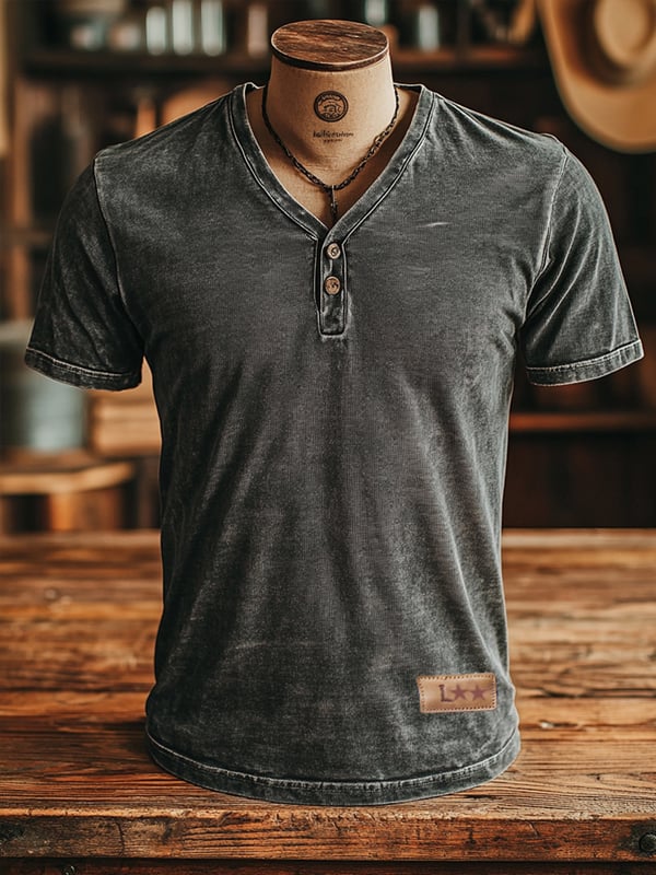 T-Shirt Da Uomo In Stile Vintage Classico Realizzata In Pelle Lavata Con Scollo a V e Abbottonatura Sul Davanti Maniche Corte