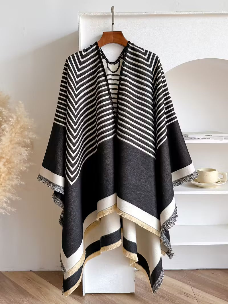 Taisija - Scialle Jacquard a Righe Reversibile In Finto Cashmere