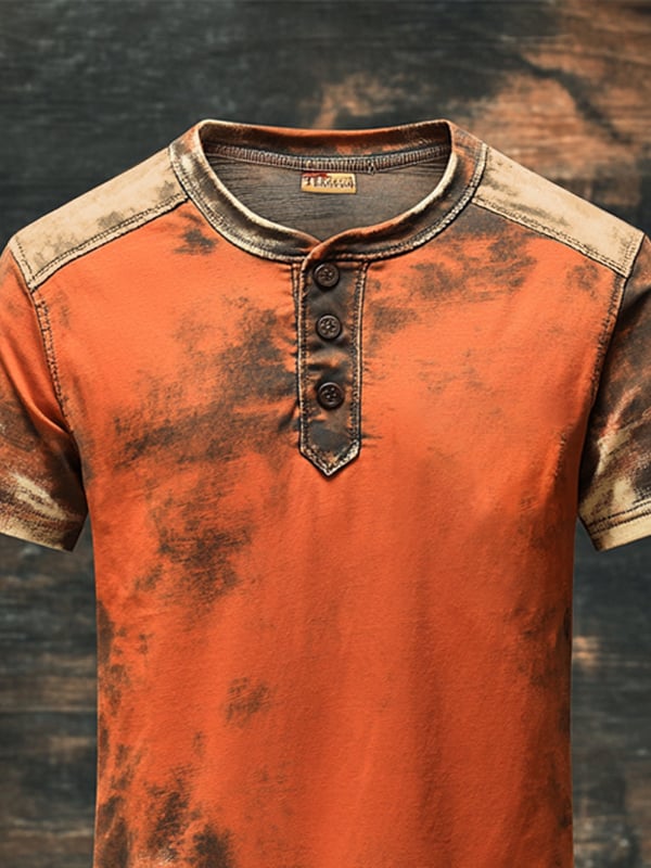 T-Shirt Da Uomo In Stile Vintage Con Stampa Henley e Maniche Corte