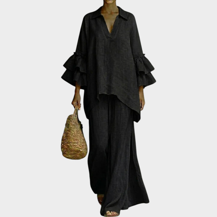 Fien - Elegante Top in Lino E Pantaloni Larghi a Gamba Ampia