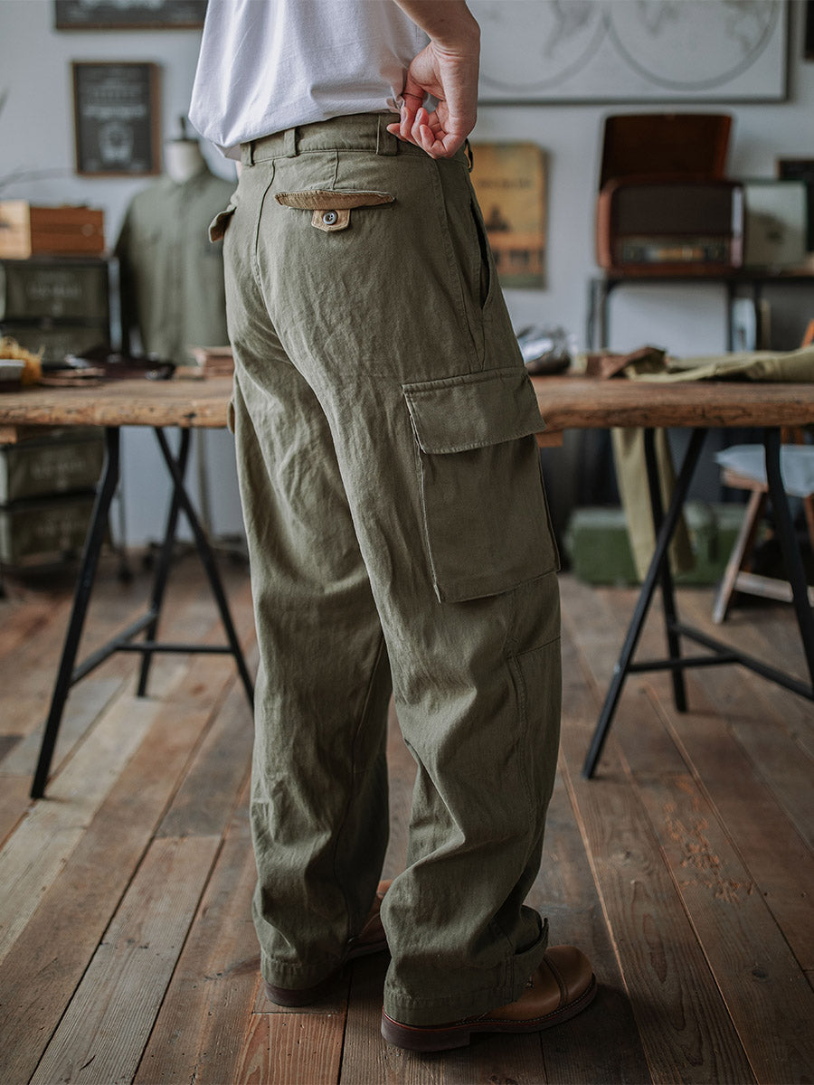Ibrahim - Pantaloni Militari M-47 In Twill a Spina Di Pesce