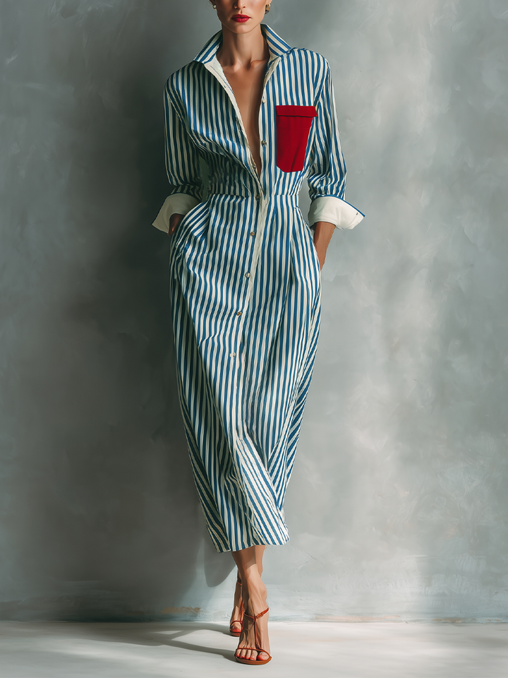 Makeda - Abito a Camicia a Righe Con Tasca Sul Petto