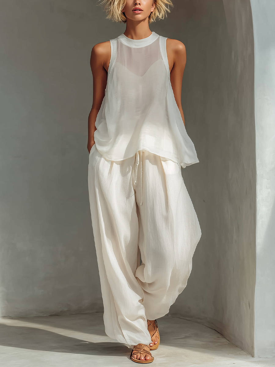 Olivian - Set Composto da top senza maniche in chiffon e pantaloni a gamba larga