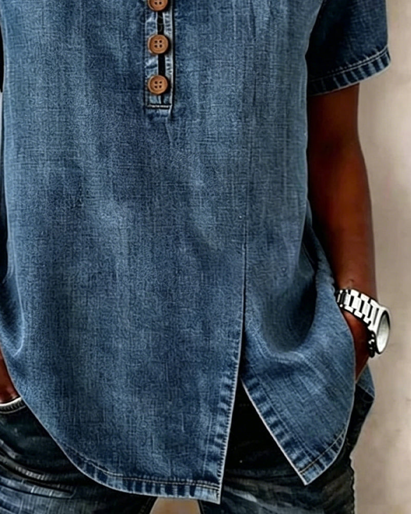 Lyjena - Camicetta In Denim Con Scollo a V e Spacco